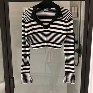 Pretty Damage black white striped crop sweater S collared goth preppy grunge